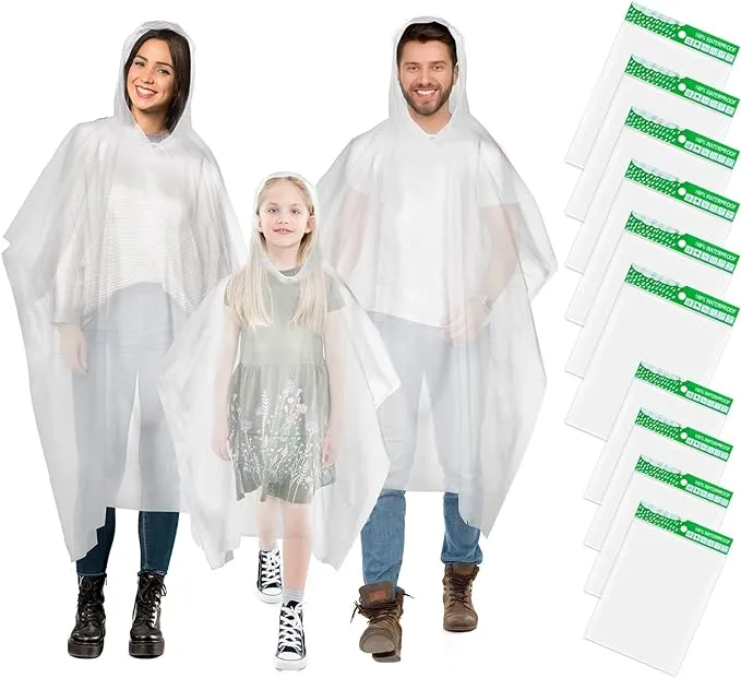 10 Poncho Waterproof, Rain Ponchos Family Pack, Disposable Rain Poncho for Adult & Kid, Unisex Clear Poncho with Drawstring Hood, Lightweight Rain Coat, Perfect for Disney, Hiking, Festivals