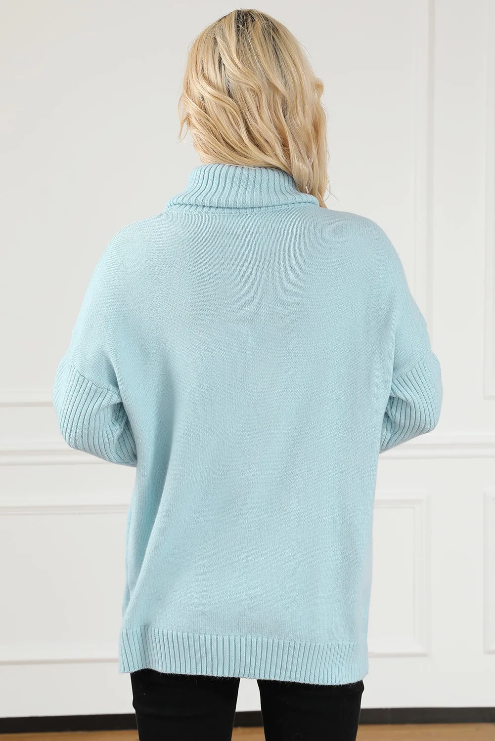 Beau Blue Ribbed Patch Pocket Cowl Neck Tunic Sweater