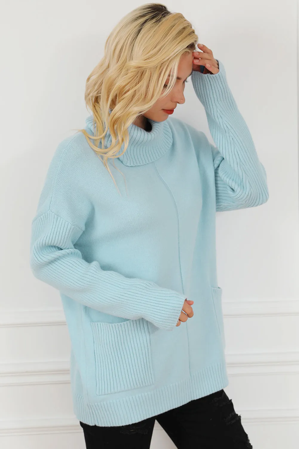 Beau Blue Ribbed Patch Pocket Cowl Neck Tunic Sweater