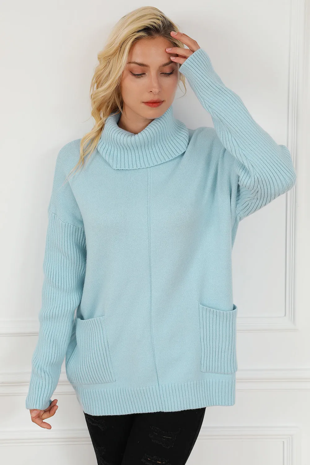 Beau Blue Ribbed Patch Pocket Cowl Neck Tunic Sweater