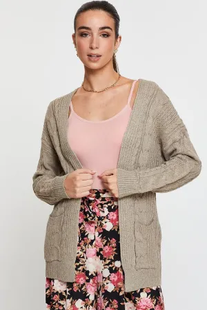 Beige Knit Cardigan Long Sleeve Relaxed Cable