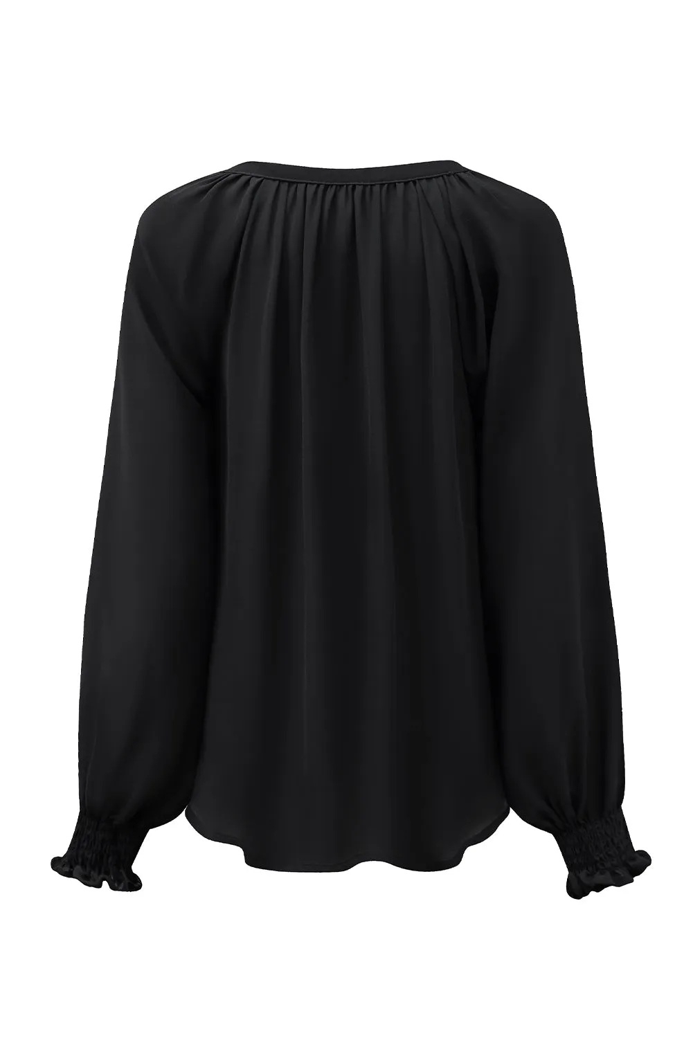 Black Pleated V Neck Puffy Sleeve Blouse