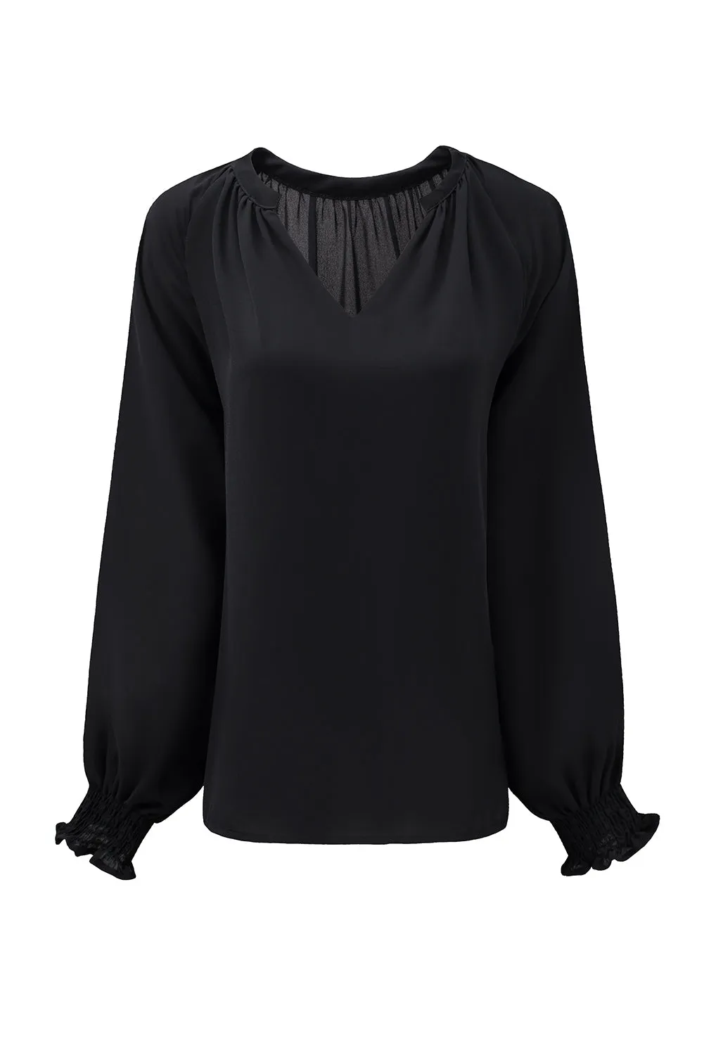 Black Pleated V Neck Puffy Sleeve Blouse