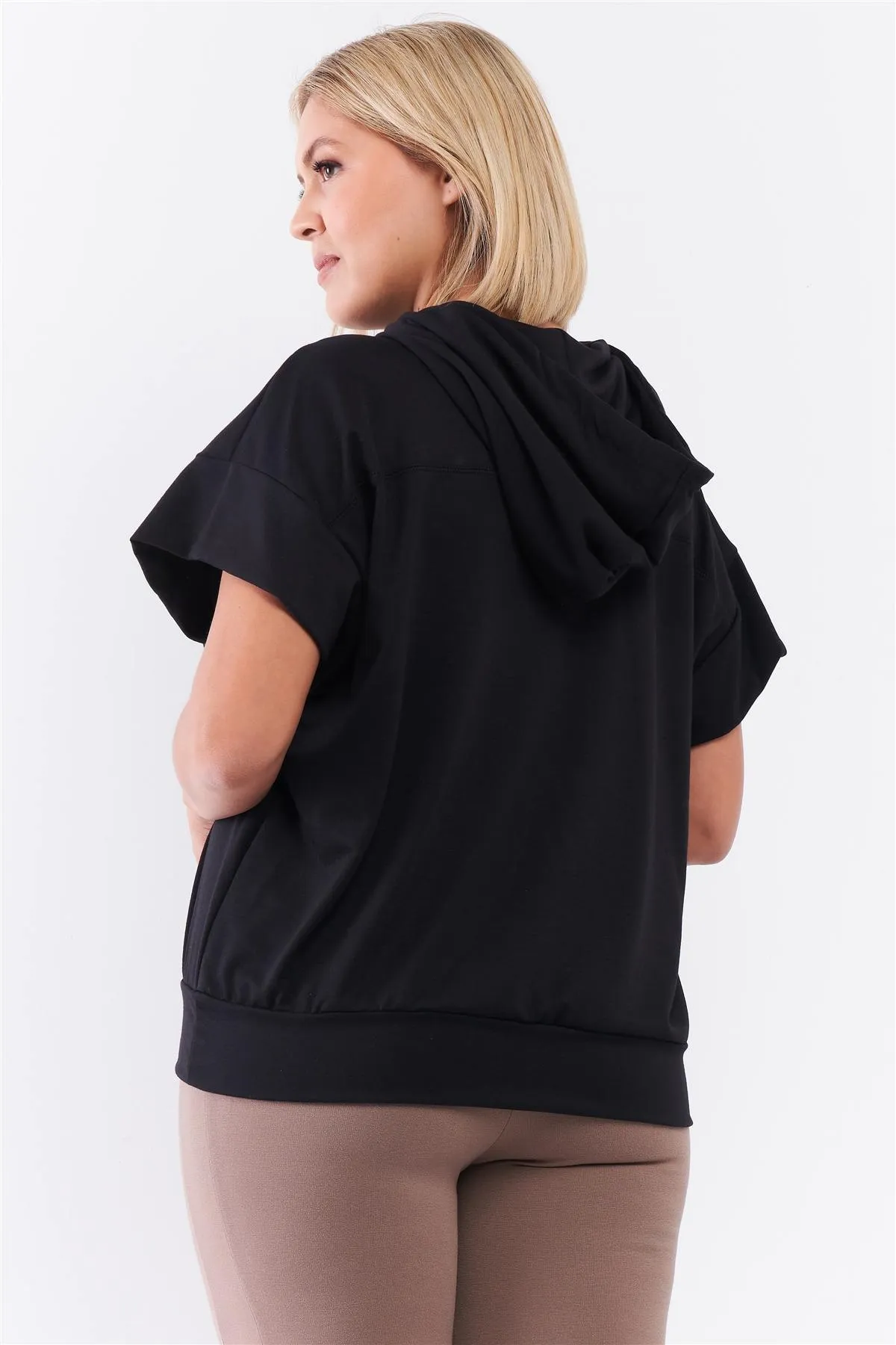 Black Short Wing Sleeve Draw String Tie Hood