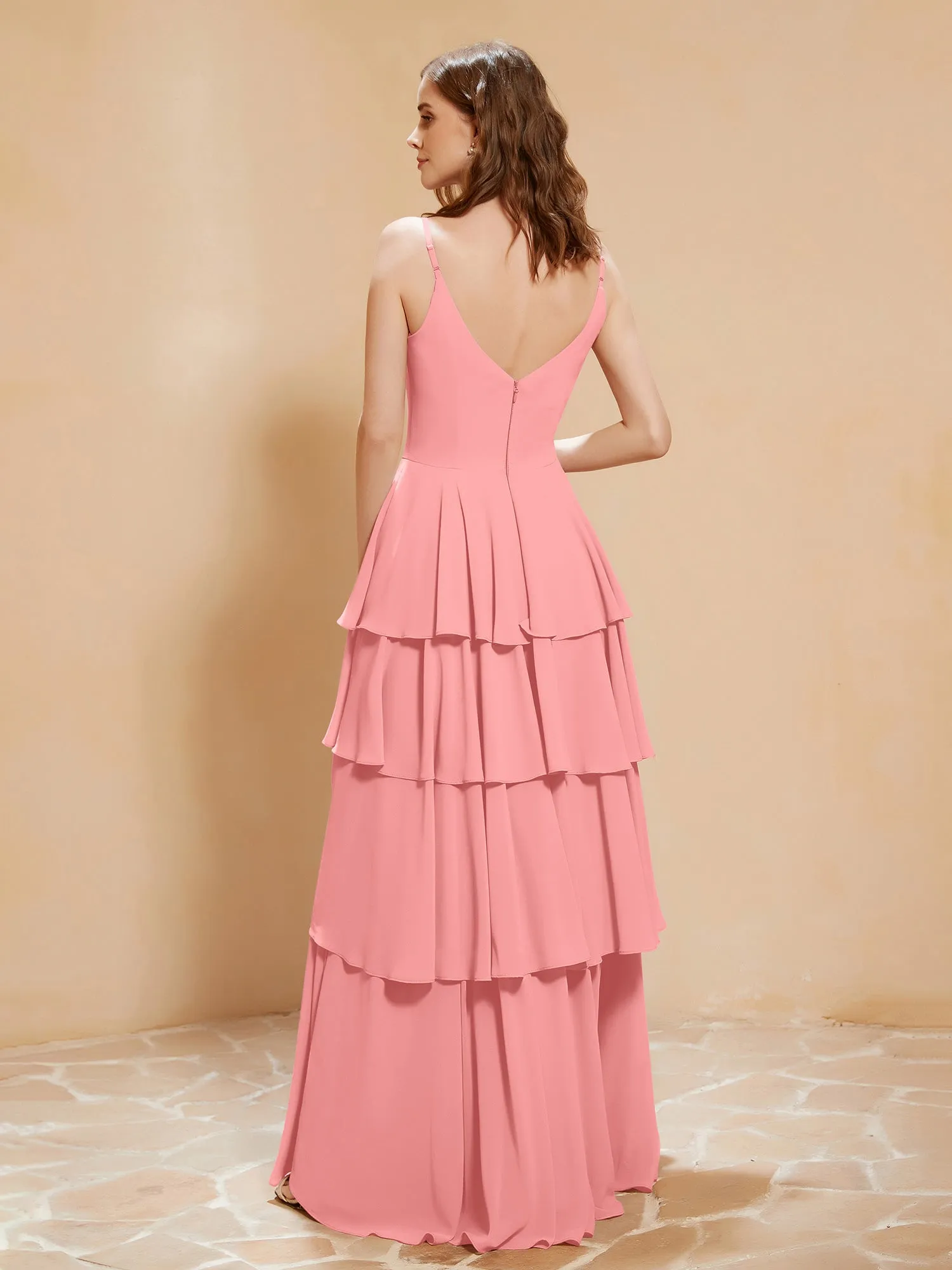 Boho V-neck Floor-length Dress Flowy Ruffles Flamingo