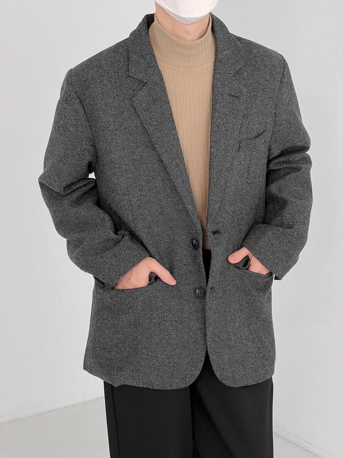 Bonsir -  Fashion Casual Men's Long Sleeve Single-breasted Thickned Autumn Winter Tweed Blazer New Korean Chic Suit Coat 2D1352