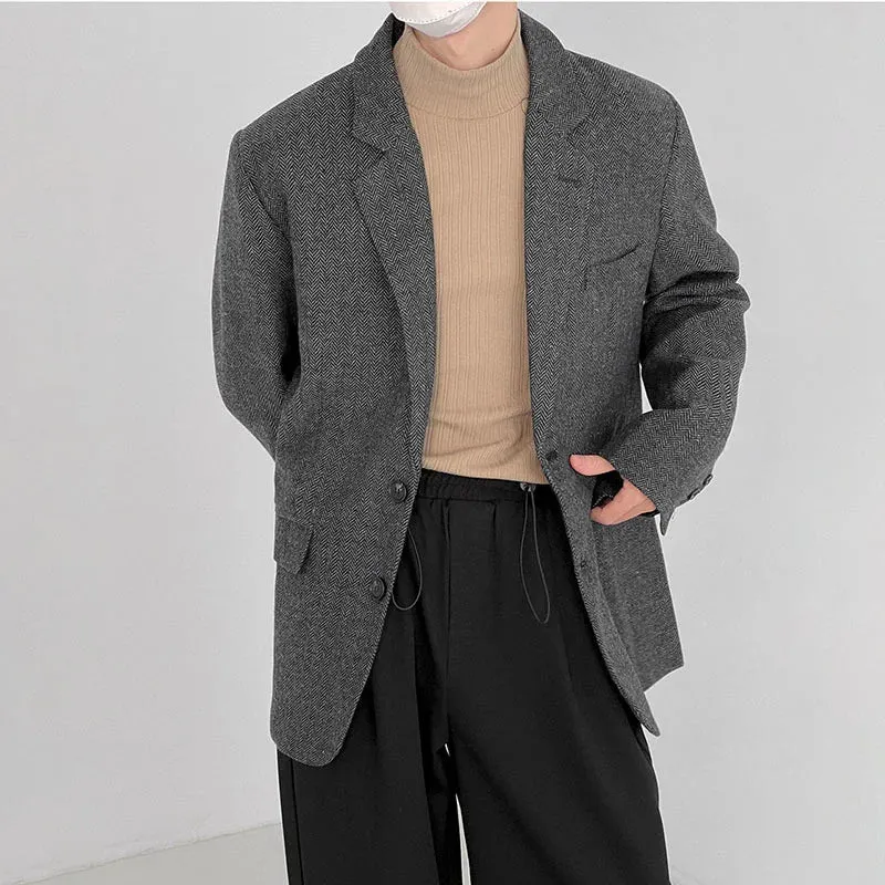 Bonsir -  Fashion Casual Men's Long Sleeve Single-breasted Thickned Autumn Winter Tweed Blazer New Korean Chic Suit Coat 2D1352