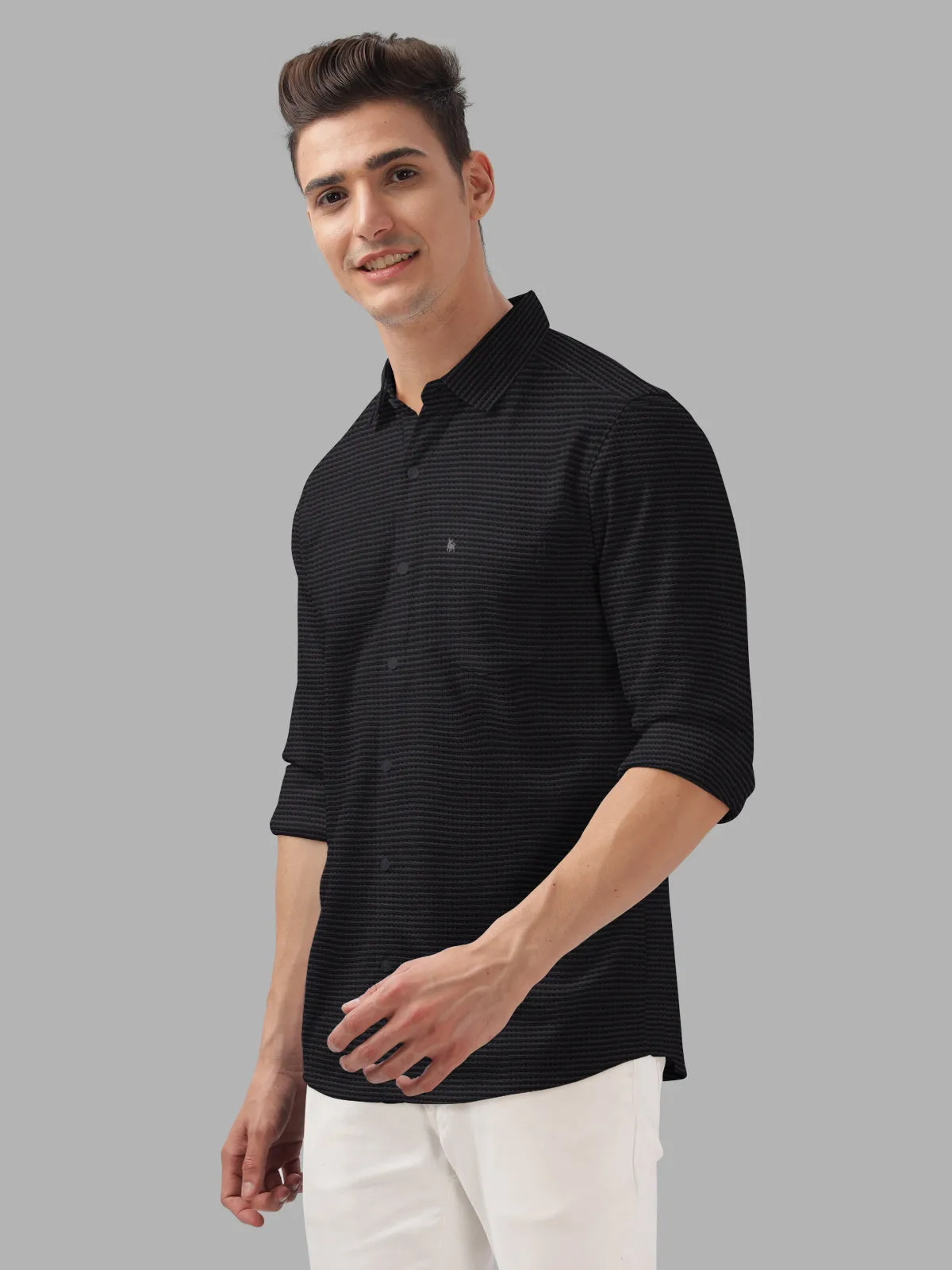 BULLMER Black Trendy Regular Fit Textured Solid Fabric Causal Crochet Shirt For Men