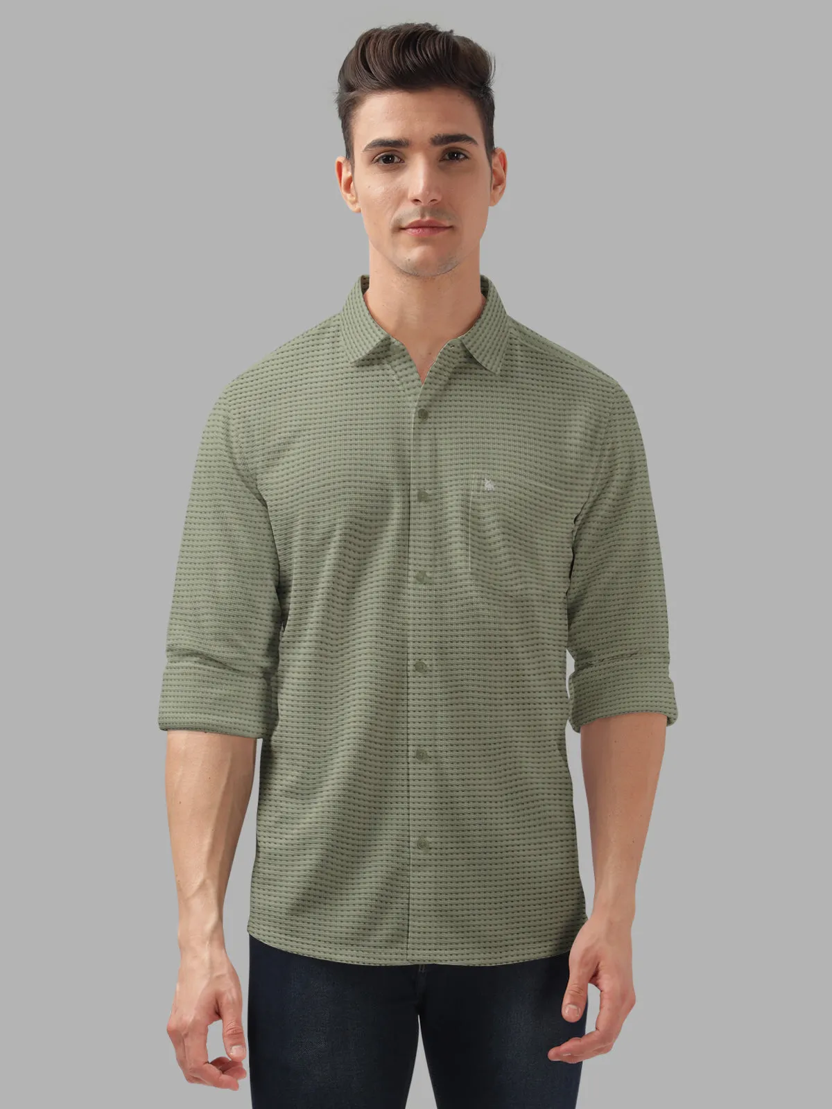 BULLMER Olive Trendy Regular Fit Textured Solid Fabric Causal Crochet Shirt For Men