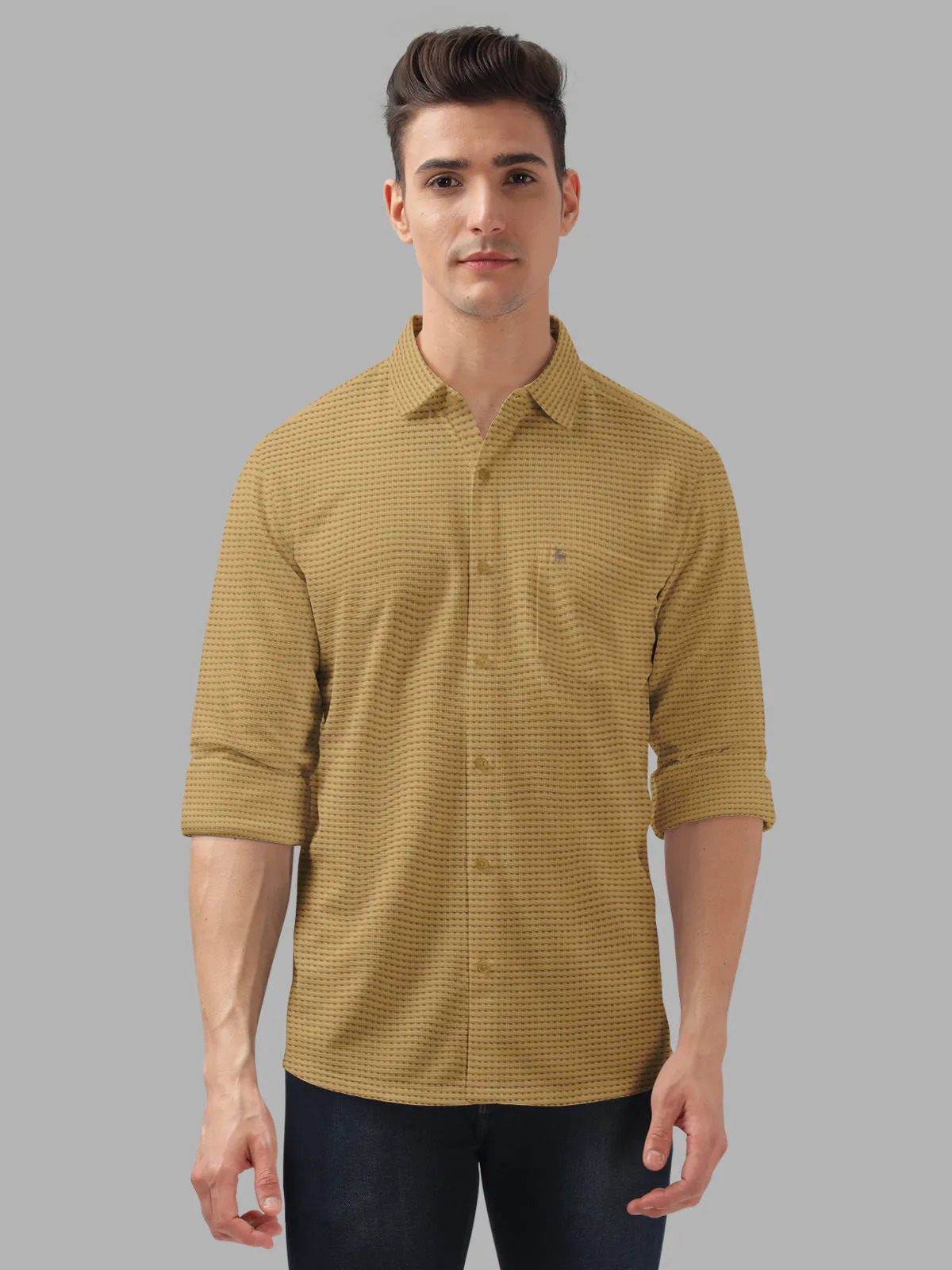 BULLMER Yellow Trendy Regular Fit Textured Solid Fabric Causal Crochet Shirt For Men