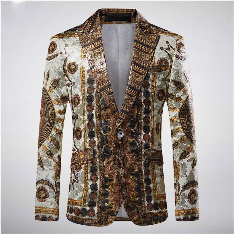 Casual Slim Fit Sun Baroque Luxury Pattern Stage Clothing Style Men Blazer