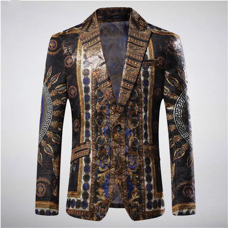 Casual Slim Fit Sun Baroque Luxury Pattern Stage Clothing Style Men Blazer