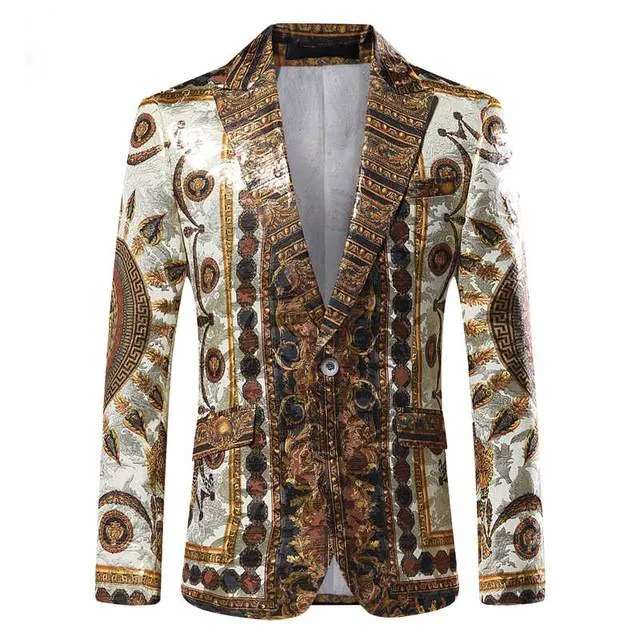 Casual Slim Fit Sun Baroque Luxury Pattern Stage Clothing Style Men Blazer