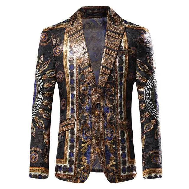 Casual Slim Fit Sun Baroque Luxury Pattern Stage Clothing Style Men Blazer