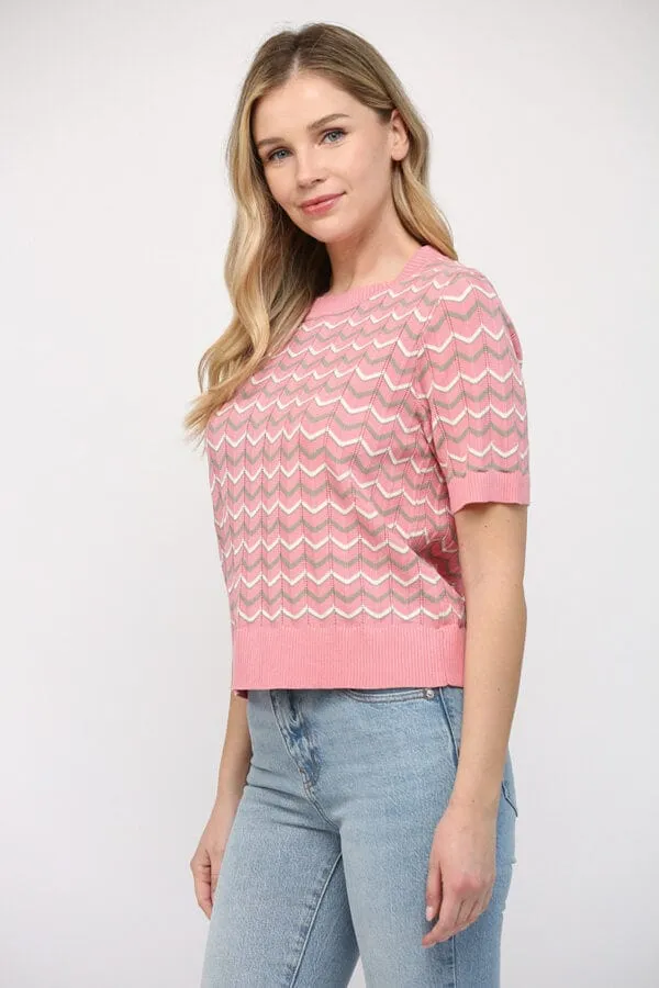 Chevron Knit Short Sleeve Sweater