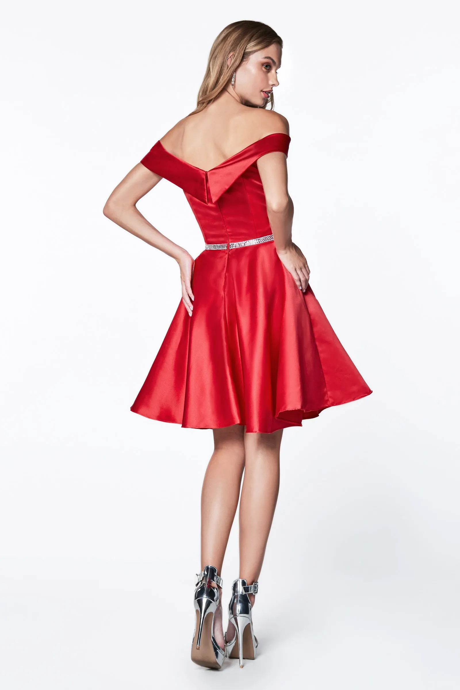 CINDERELLA DIVINE CD0140 Short Off-Shoulder Satin A-Line Dress