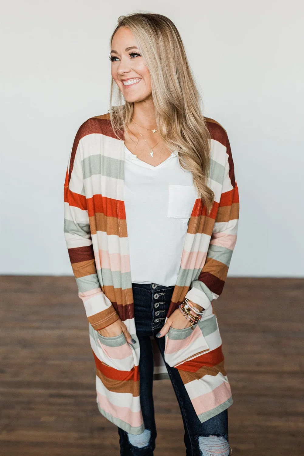 color Striped Print Pockets Open Front Cardigan