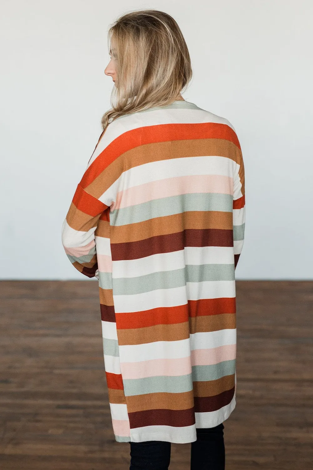 color Striped Print Pockets Open Front Cardigan