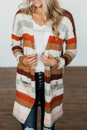 color Striped Print Pockets Open Front Cardigan