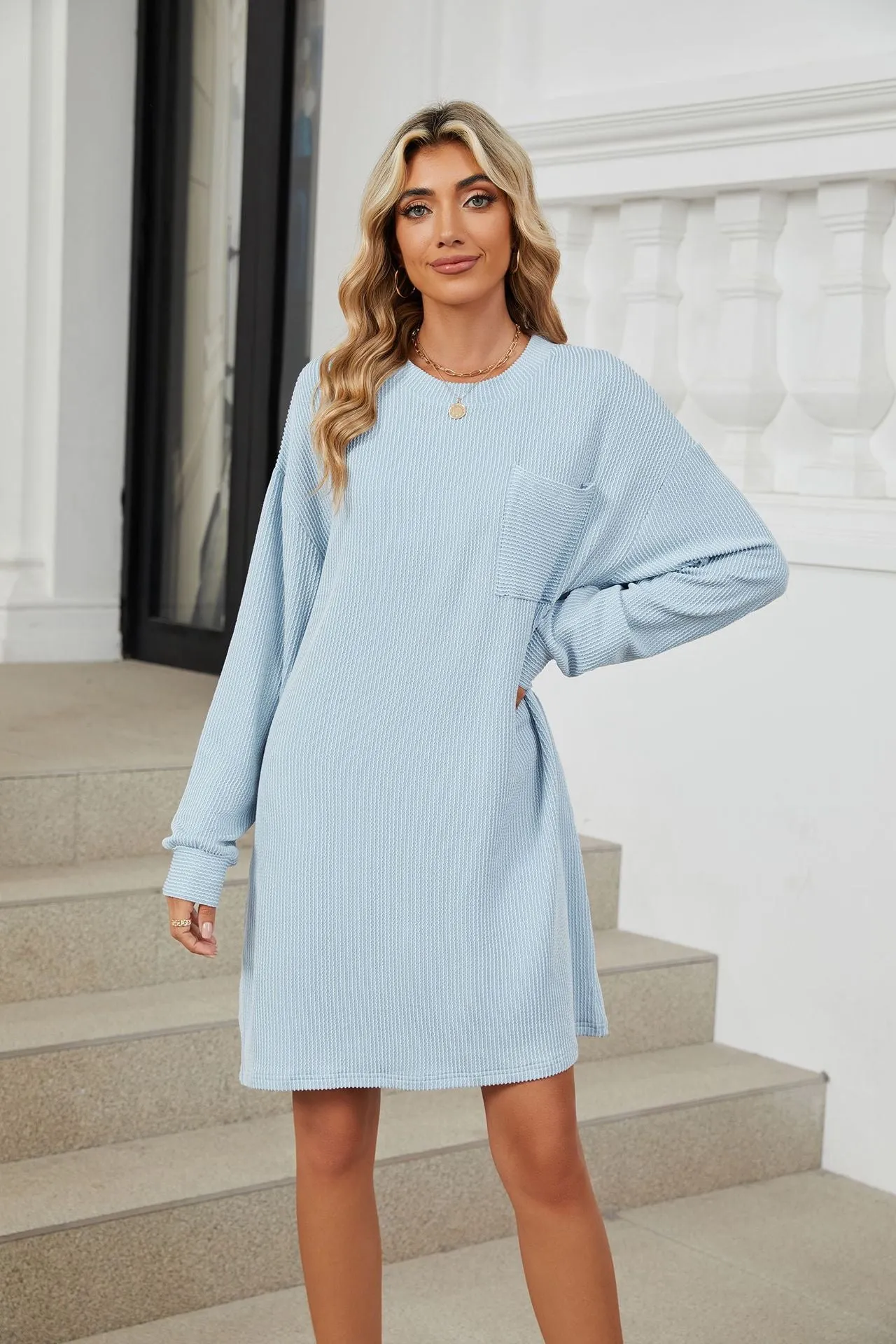 Crew Neck Striped Pocket Loose Long Sleeve Dress