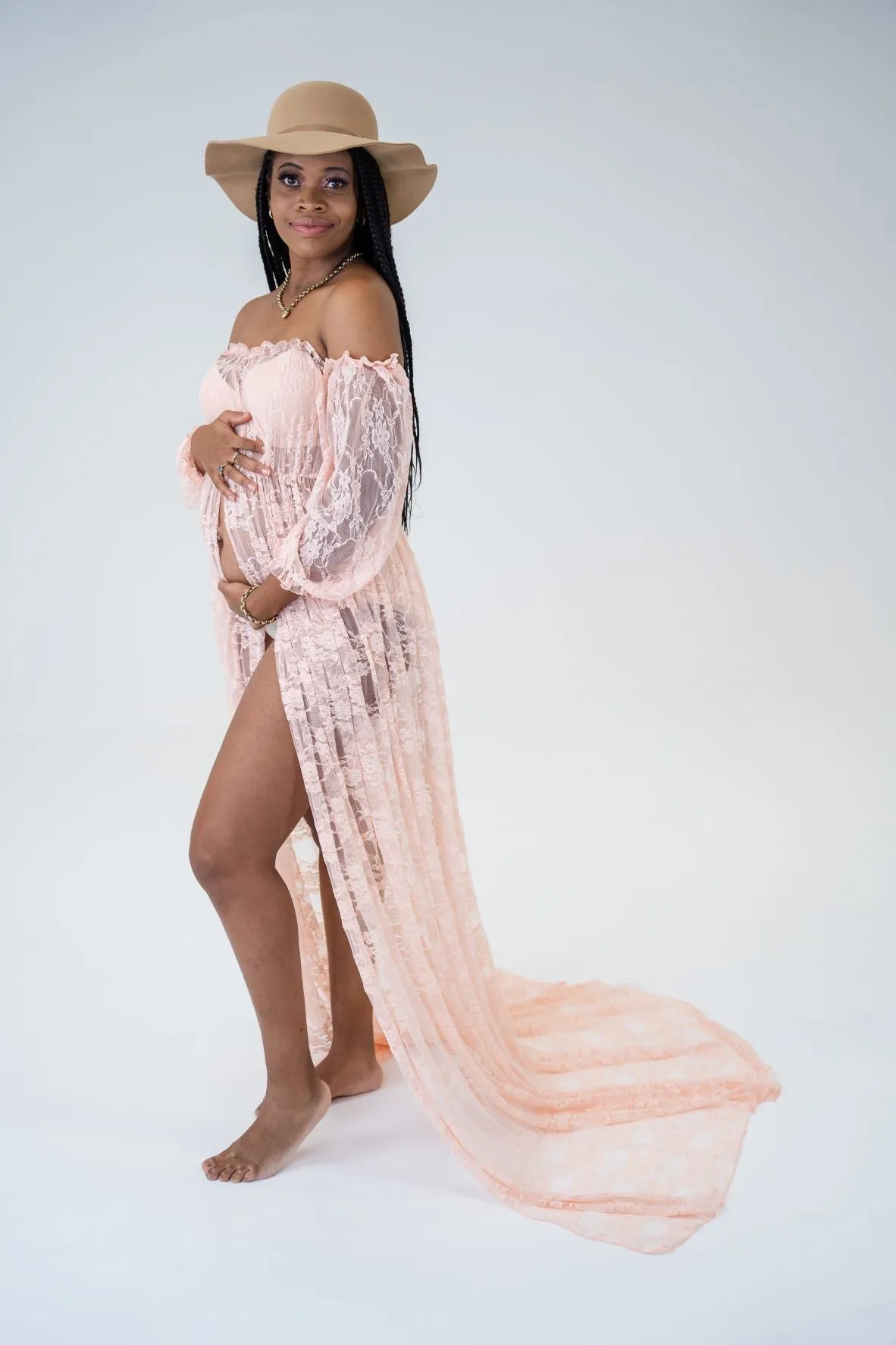 Dress Hire - Maternity Photoshoot Dresses - Bella - Pink Lace Gown - 4 DAY RENTAL