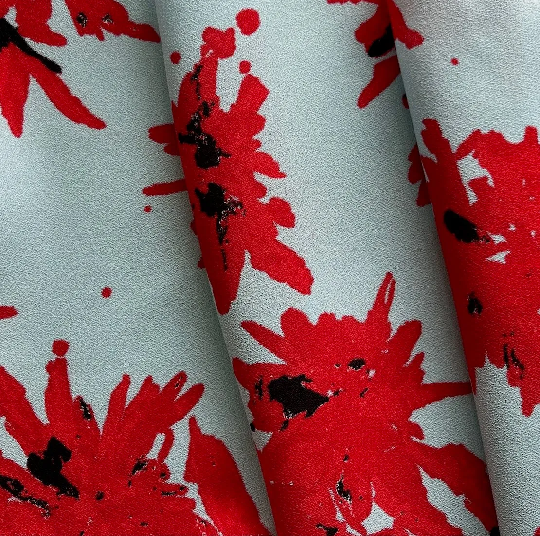 Dress-Weight Scarlet Chrysanthemums on Sky Blue Rayon Crepe (Made in Italy)