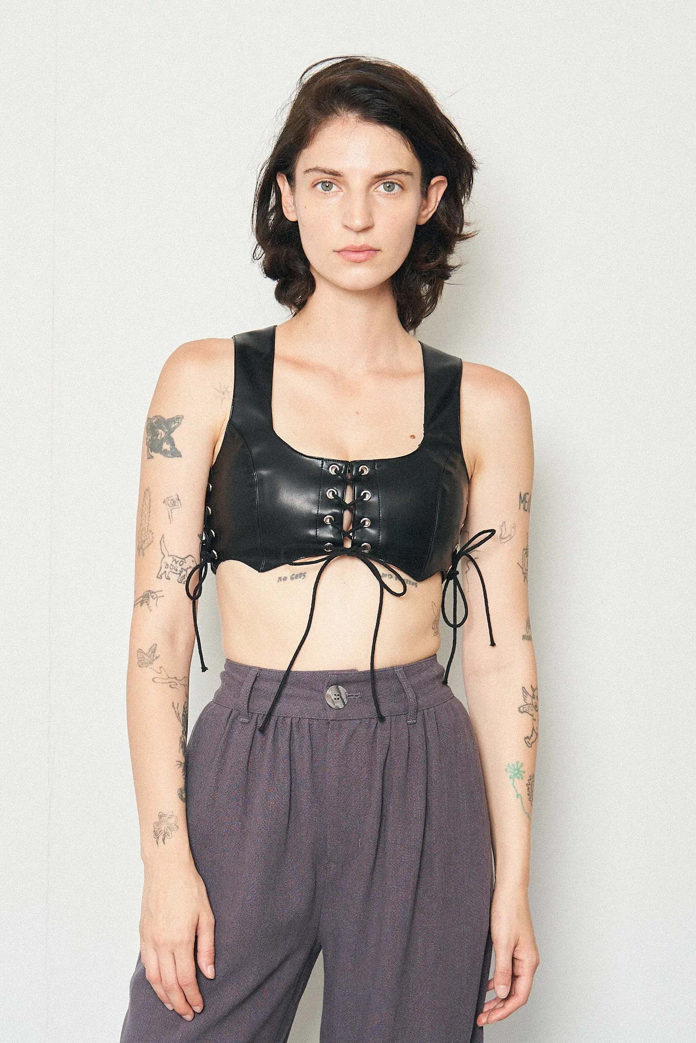 Faux Plant Leather Black Corset Top