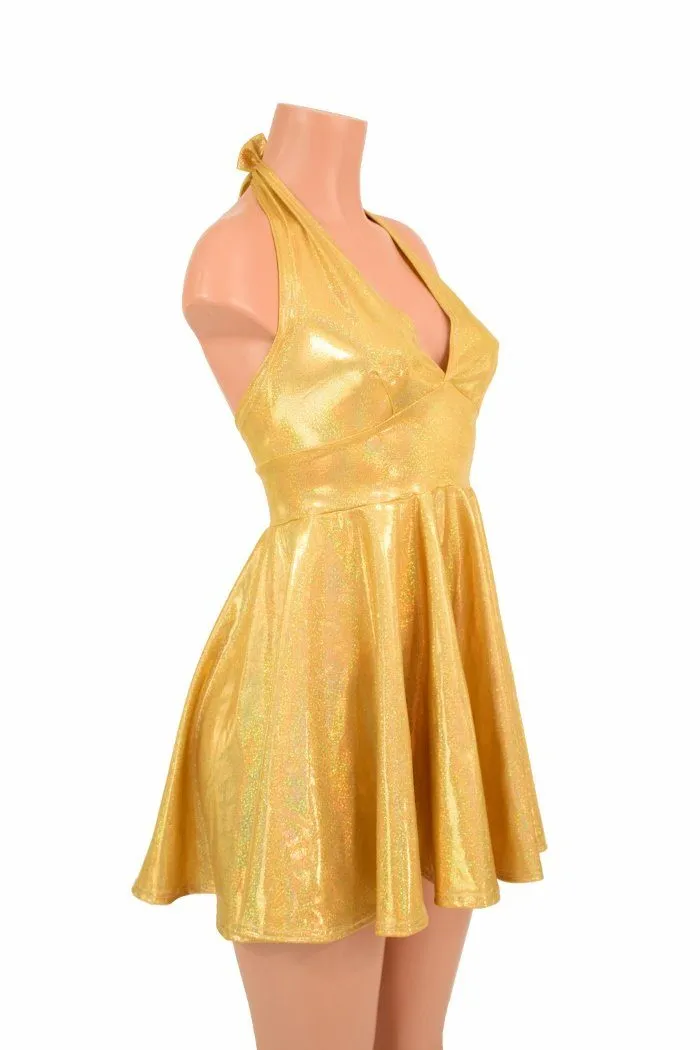 Gold Sparkly Halter Skater Dress