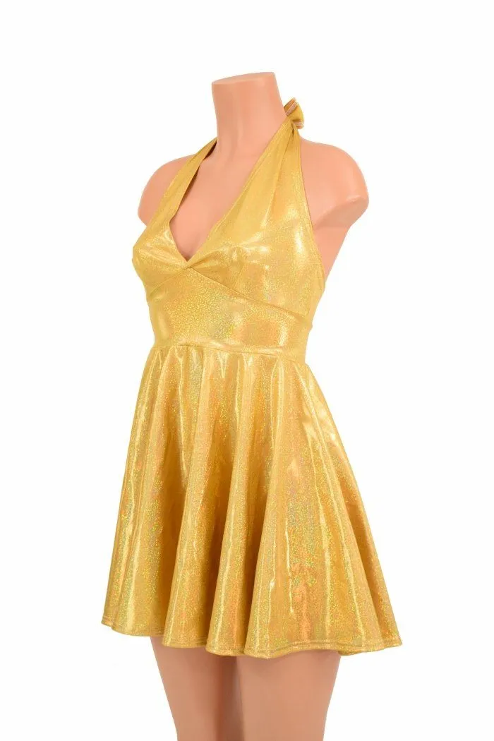 Gold Sparkly Halter Skater Dress