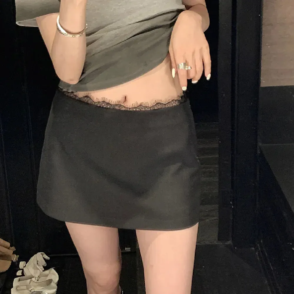 Grey Lace Trim Charming Solid Mini Skirt