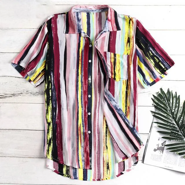 Hawaiian Striped Shirt Short Sleeve Breathable Casual Style Men Shirt