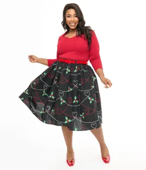 Hell Bunny Plus Size 1950s Festive Hearts & Holly Print Angelica Swing Skirt