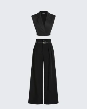 High Waist Pleated Pants With Tailored Vest Style Top In Black