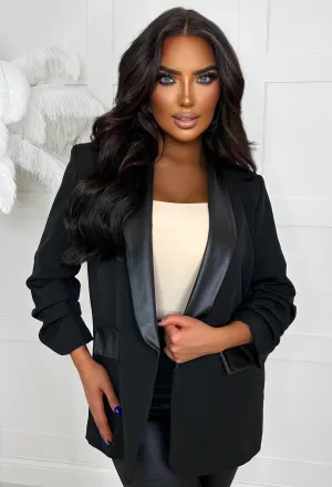 Iconic Illusion Black Faux Leather Trim Shawl Neck Ruched Sleeve Blazer