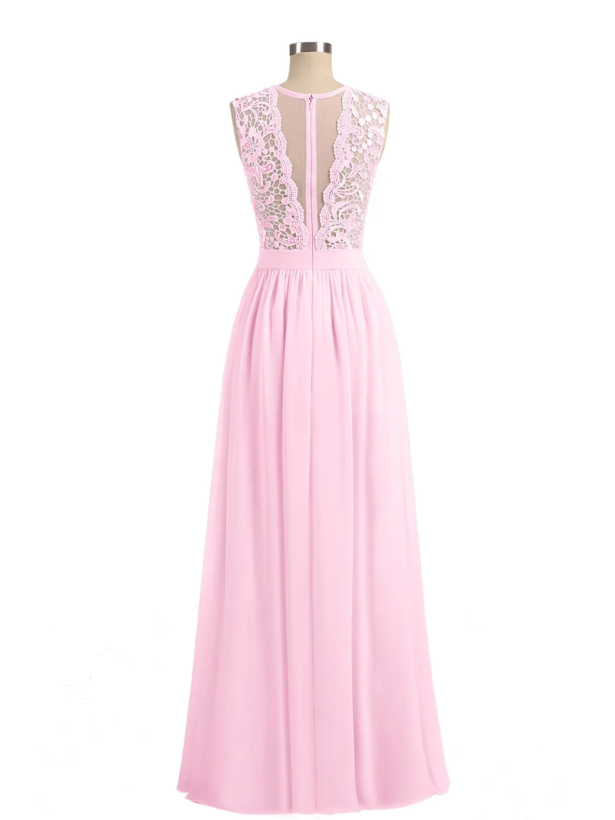 Illusion Neck Chiffon and Lace Dresses Candy Pink