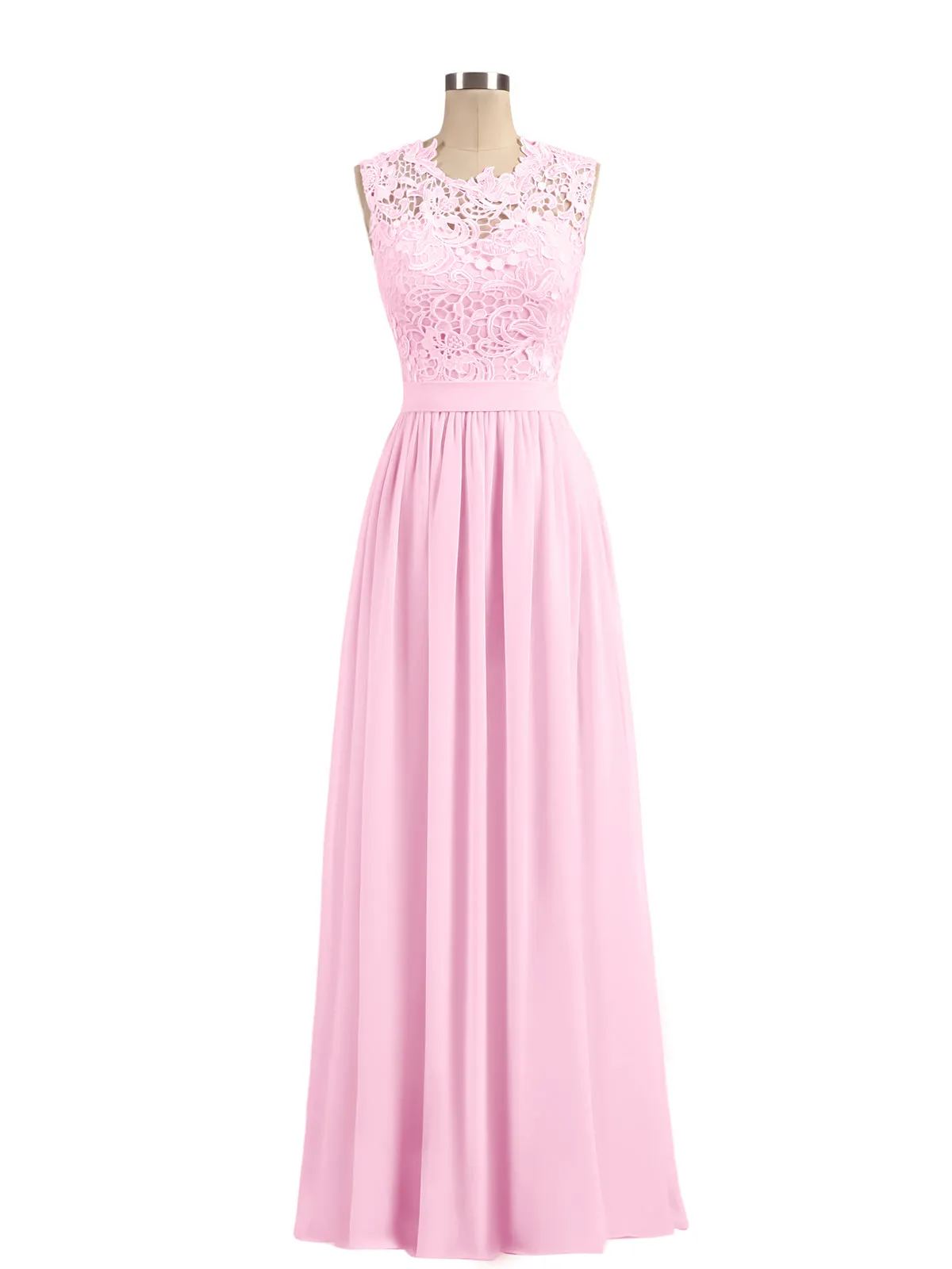 Illusion Neck Chiffon and Lace Dresses Candy Pink