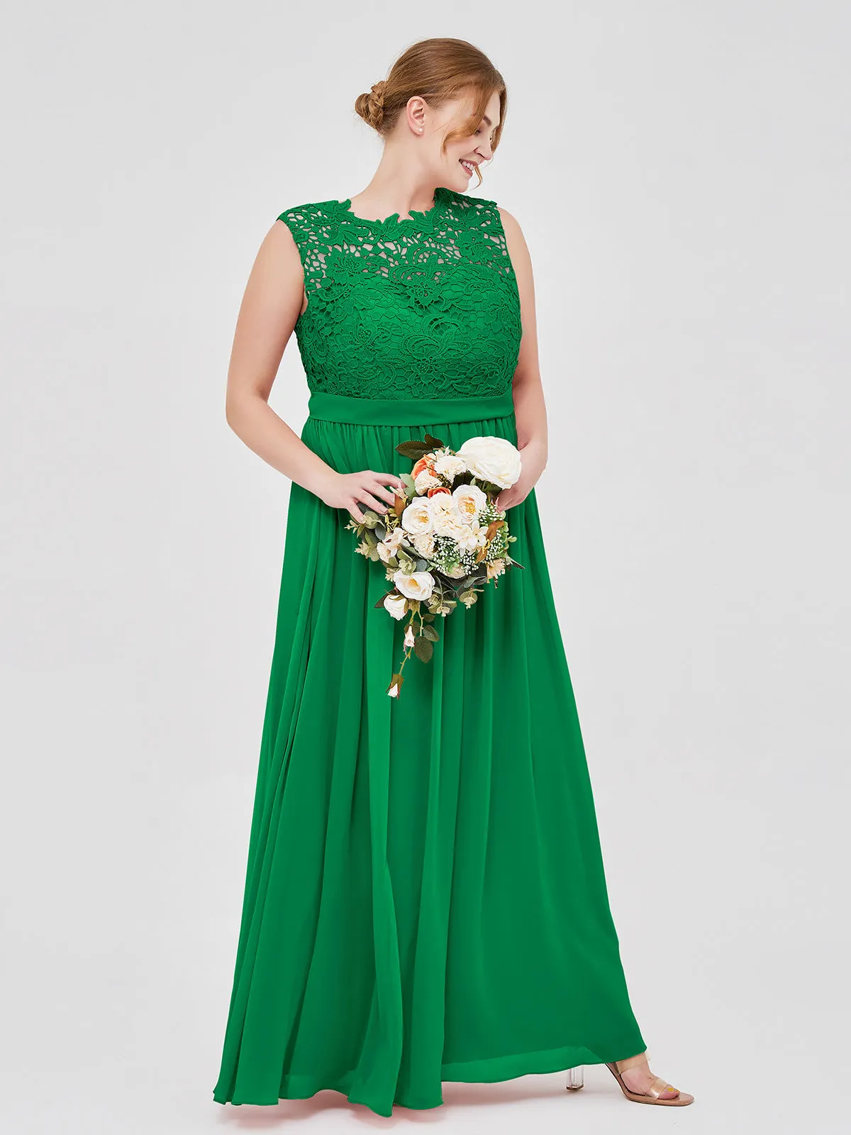 Illusion Neck Chiffon and Lace Dresses Emerald