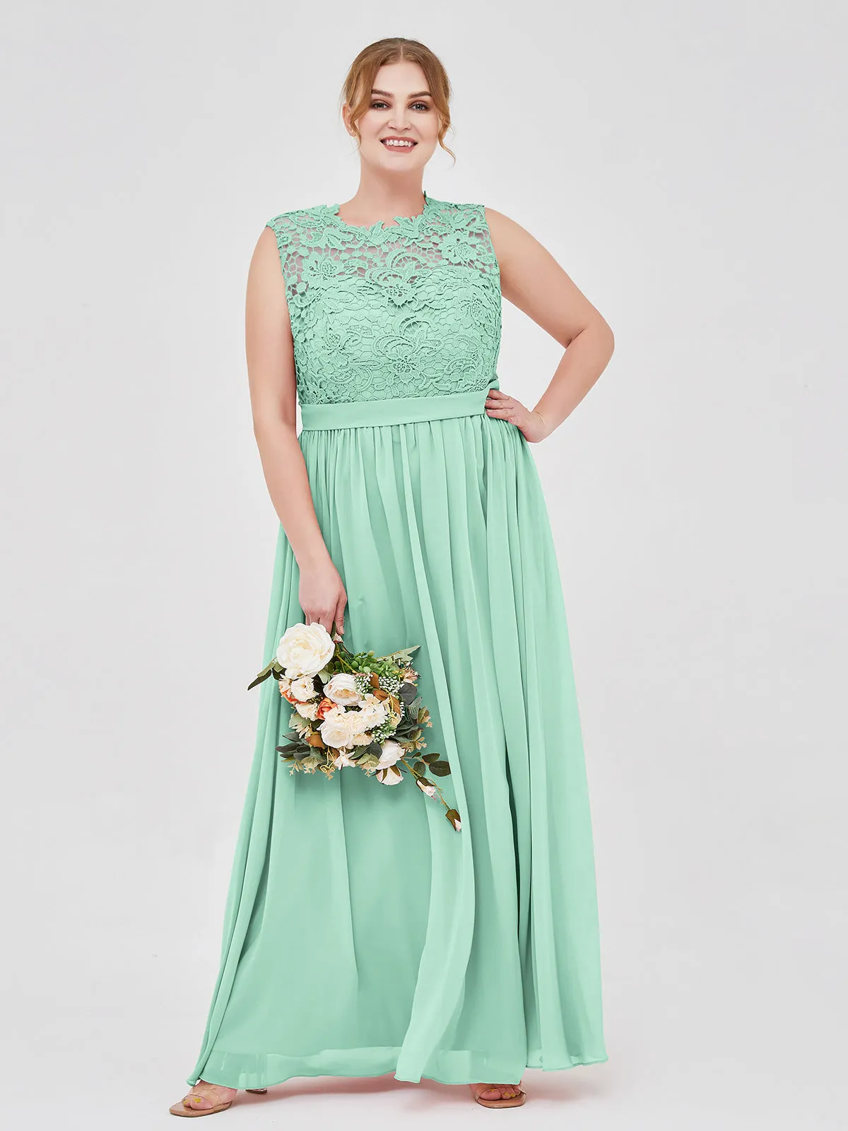 Illusion Neck Chiffon and Lace Dresses Mint Green