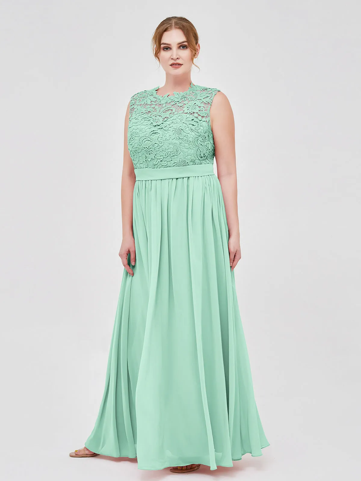 Illusion Neck Chiffon and Lace Dresses Mint Green