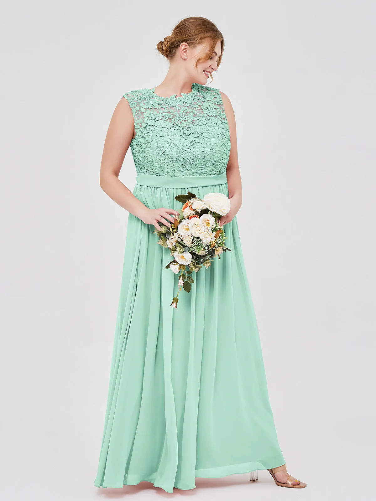 Illusion Neck Chiffon and Lace Dresses Mint Green