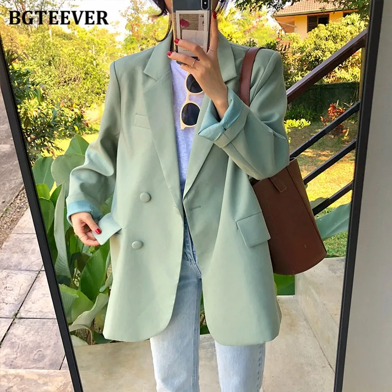 Joskaa Chic Loose Light Green Women Blazer Summer One Button Female Suit Jacket Full Sleeve Outwear blaser femme 2024