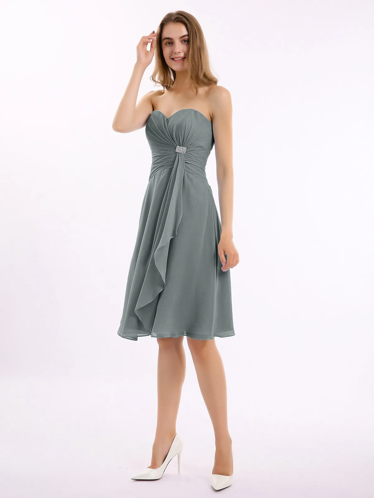 Knee Length Chiffon Dress with Sweetheart Neck-Steel Grey