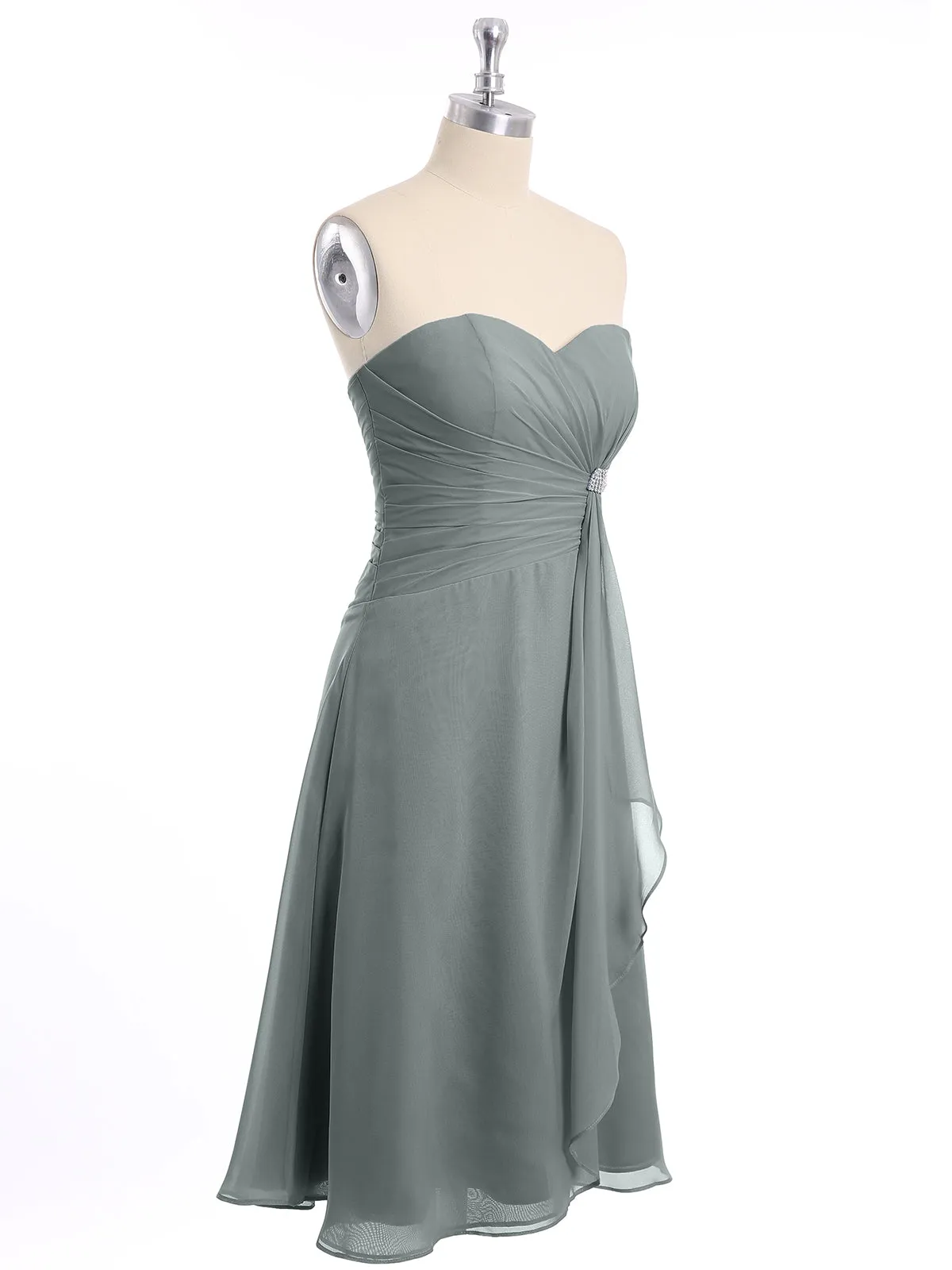 Knee Length Chiffon Dress with Sweetheart Neck-Steel Grey