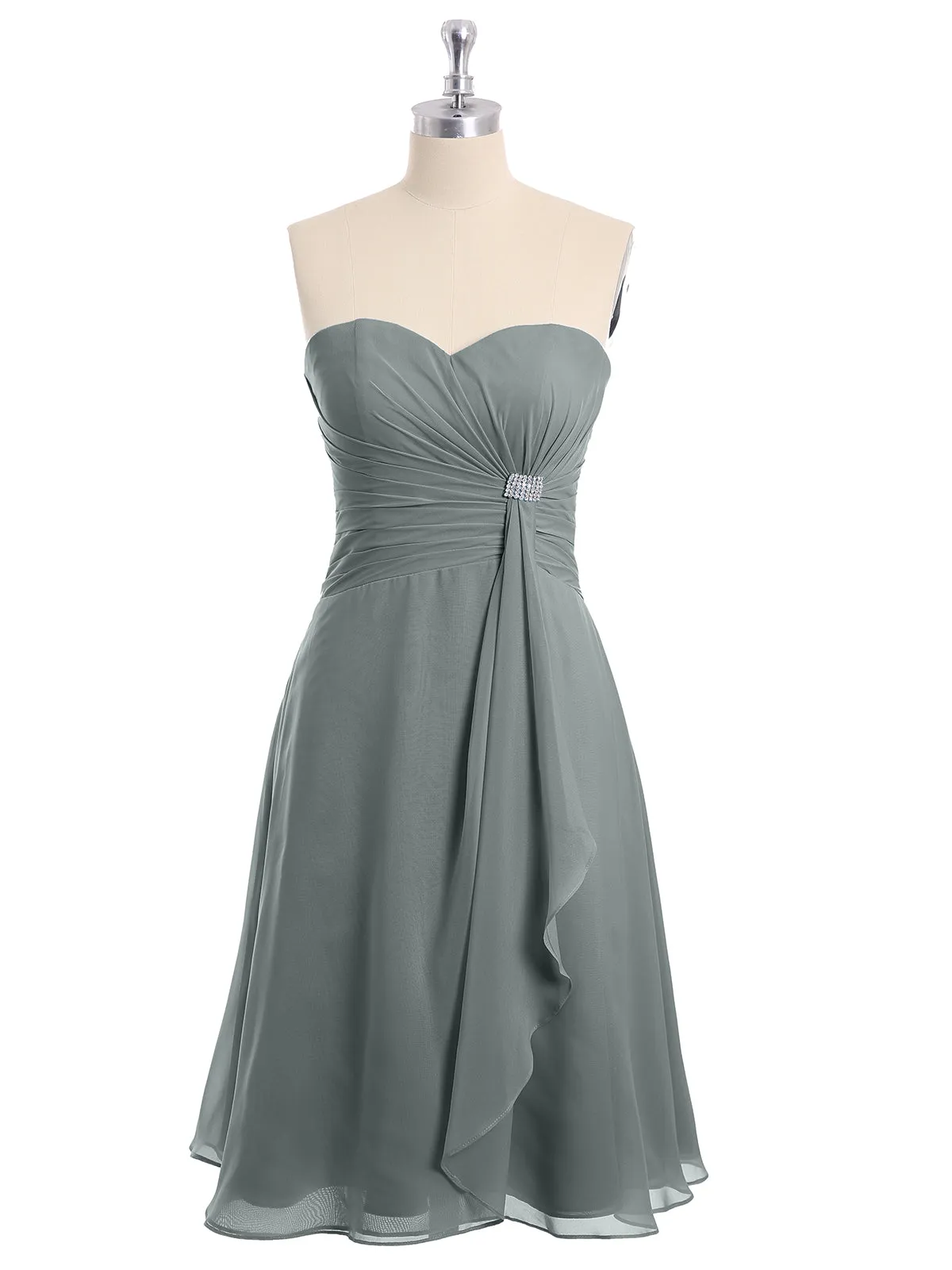 Knee Length Chiffon Dress with Sweetheart Neck-Steel Grey