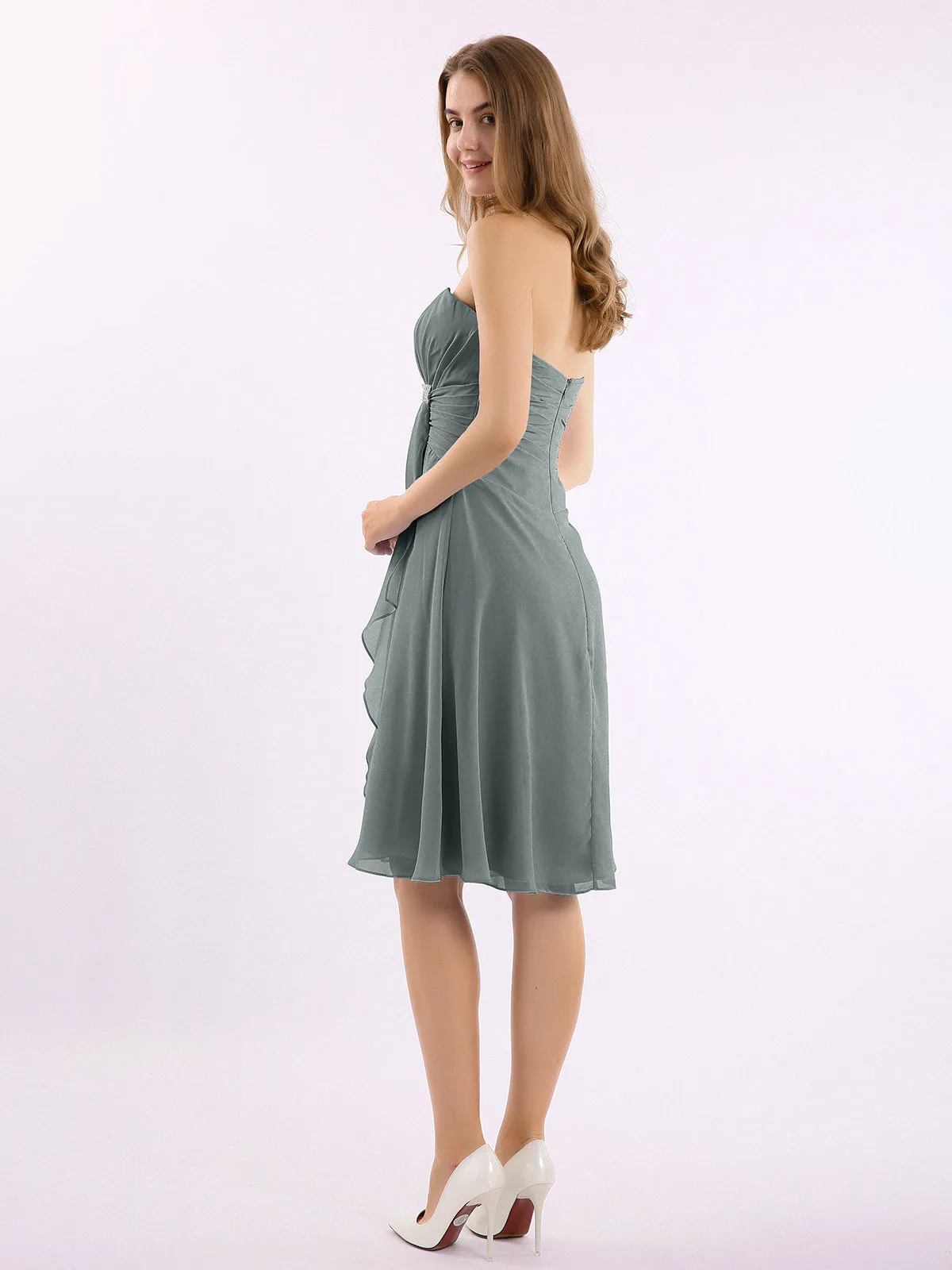 Knee Length Chiffon Dress with Sweetheart Neck-Steel Grey