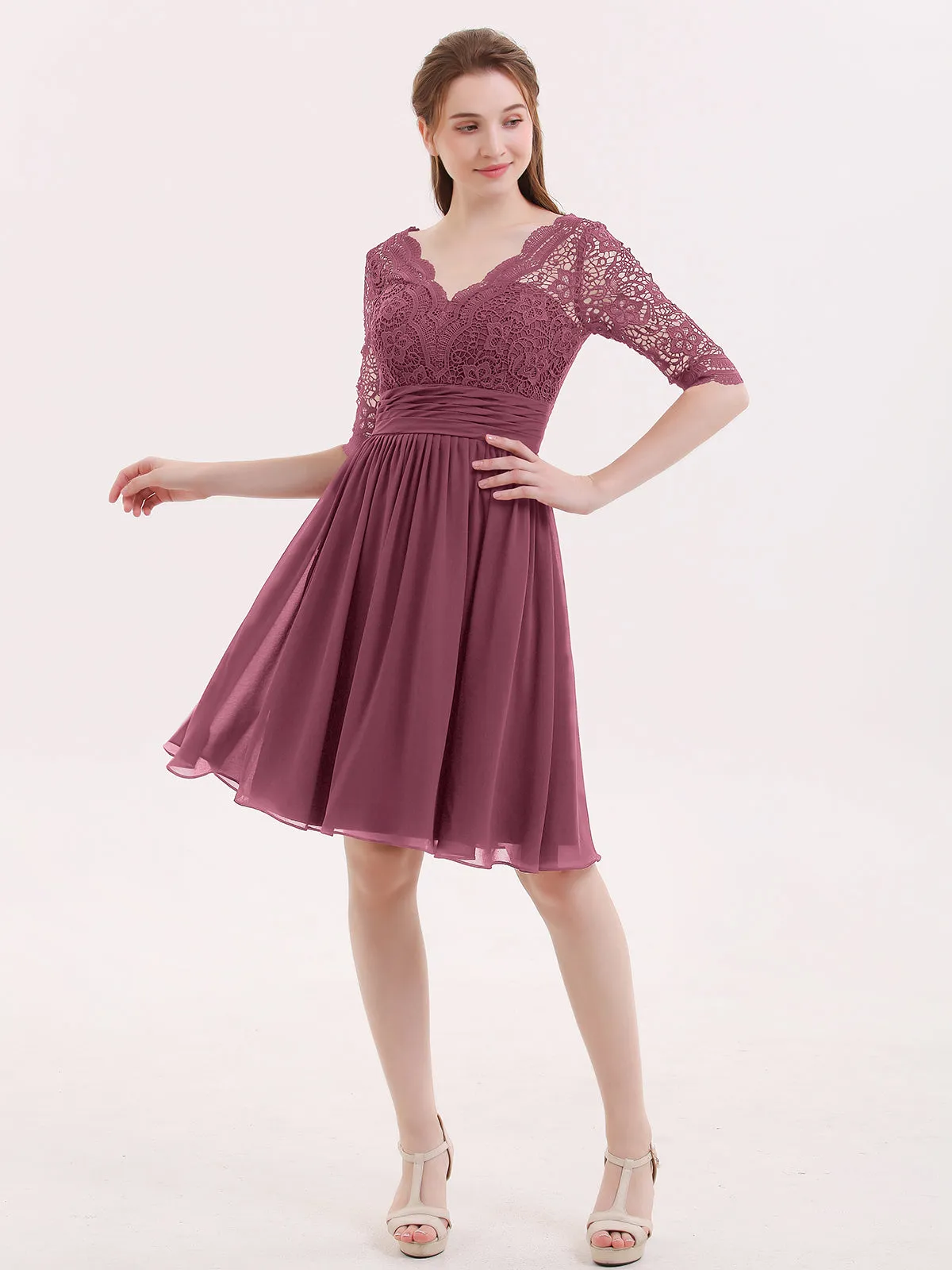 Lace and Chiffon Short Dress with Half Sleeves Mulberry