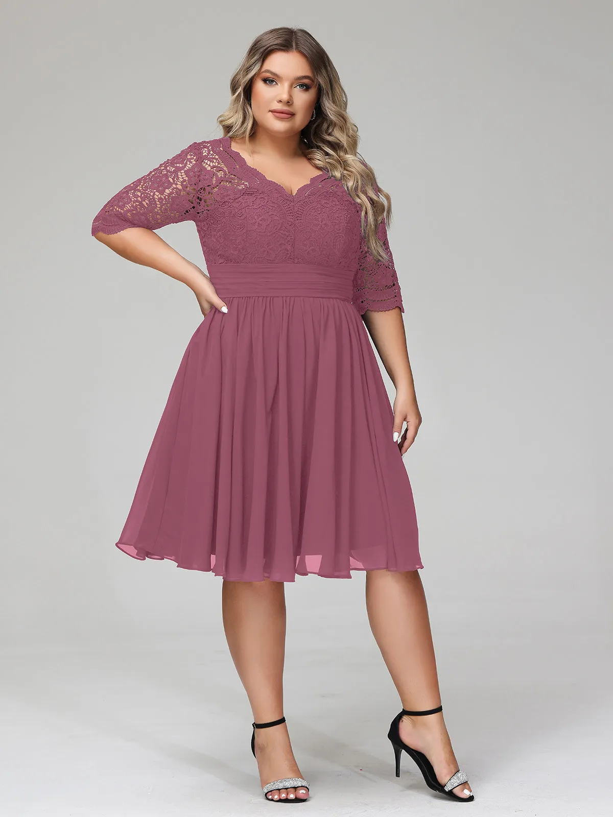 Lace and Chiffon Short Dress with Half Sleeves Mulberry