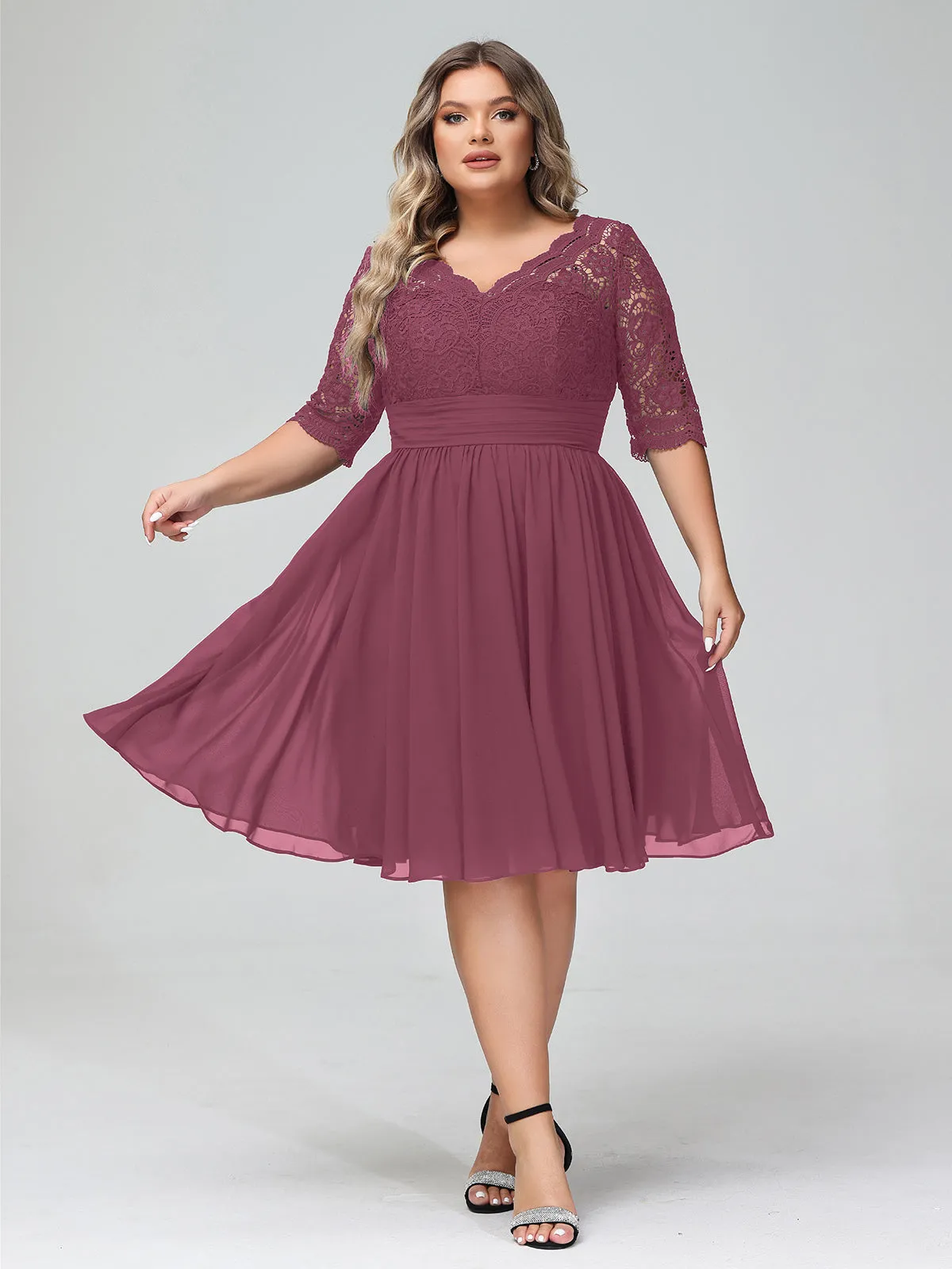 Lace and Chiffon Short Dress with Half Sleeves Mulberry