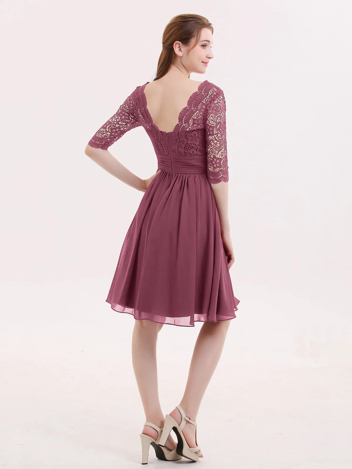 Lace and Chiffon Short Dress with Half Sleeves Mulberry