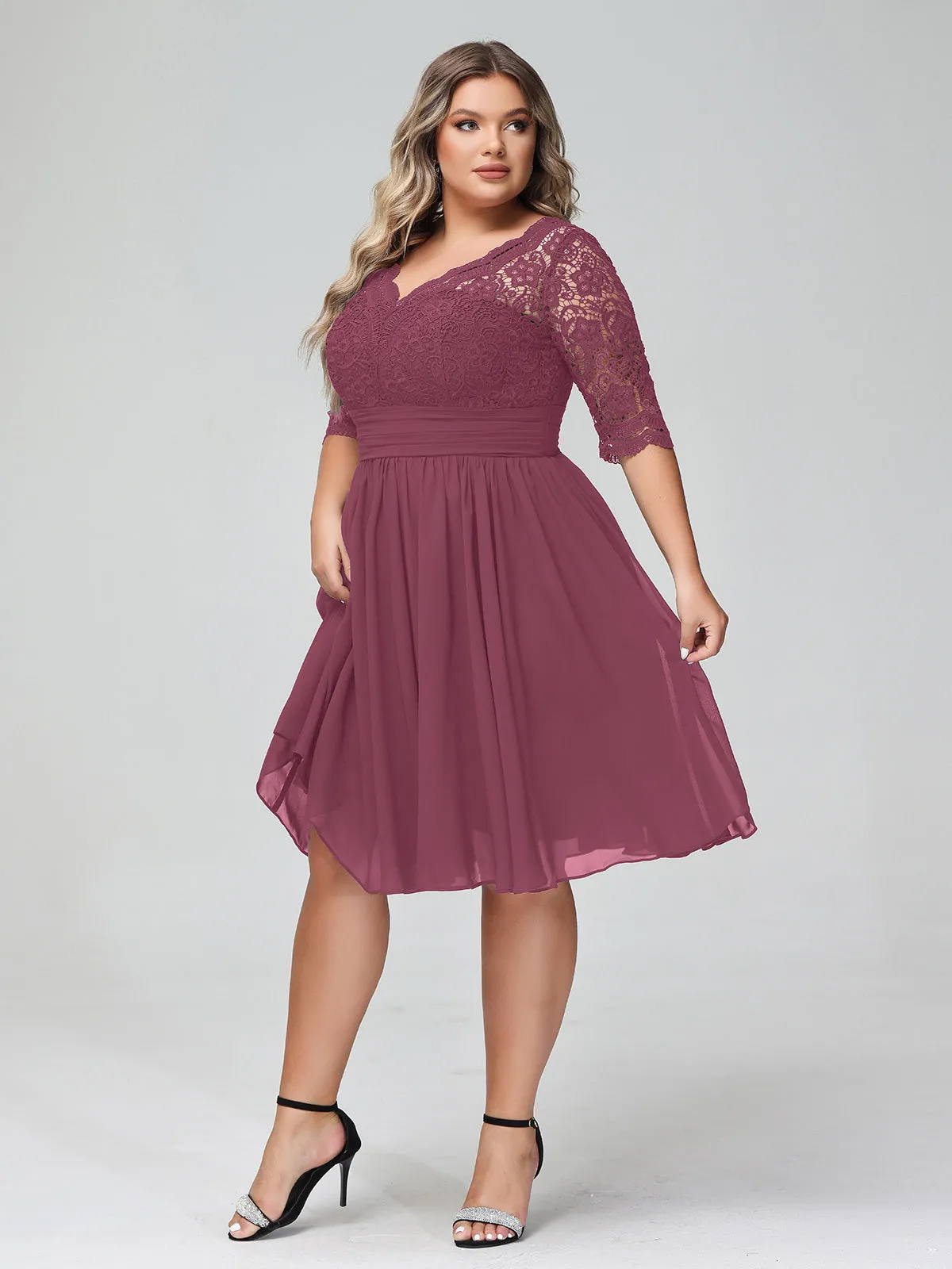 Lace and Chiffon Short Dress with Half Sleeves Mulberry